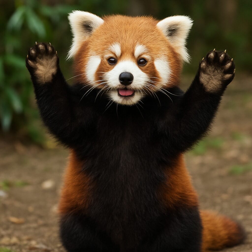手を上げるレッサーパンダ
