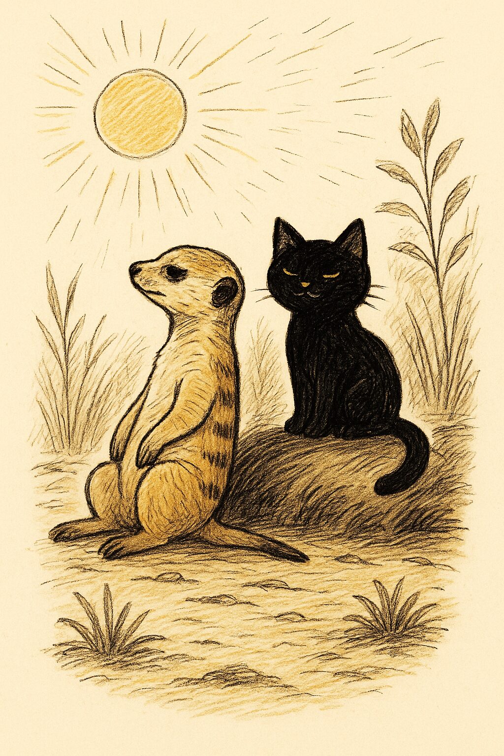 ミーアキャットと黒猫のイラスト